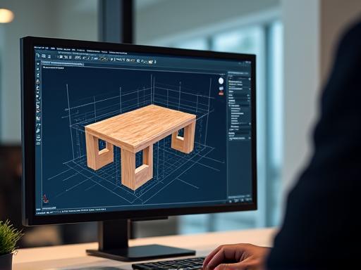 コンピュータ画面に表示された家具の3D設計図